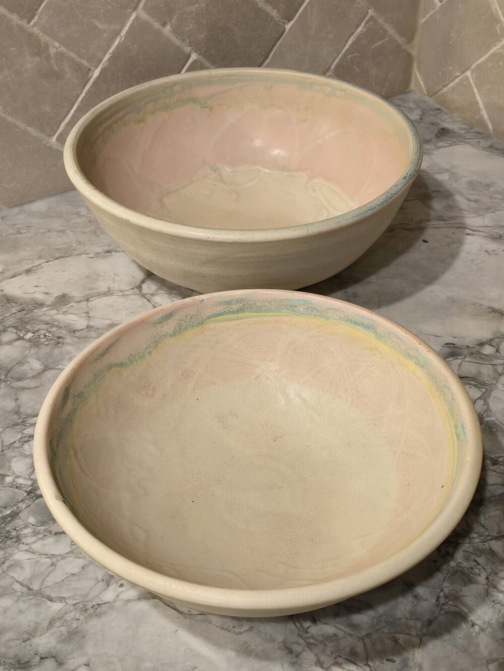 Antique Stoneware Art Pottery Mixing Bowls Pink Green Serving Crock Dishes Rare!